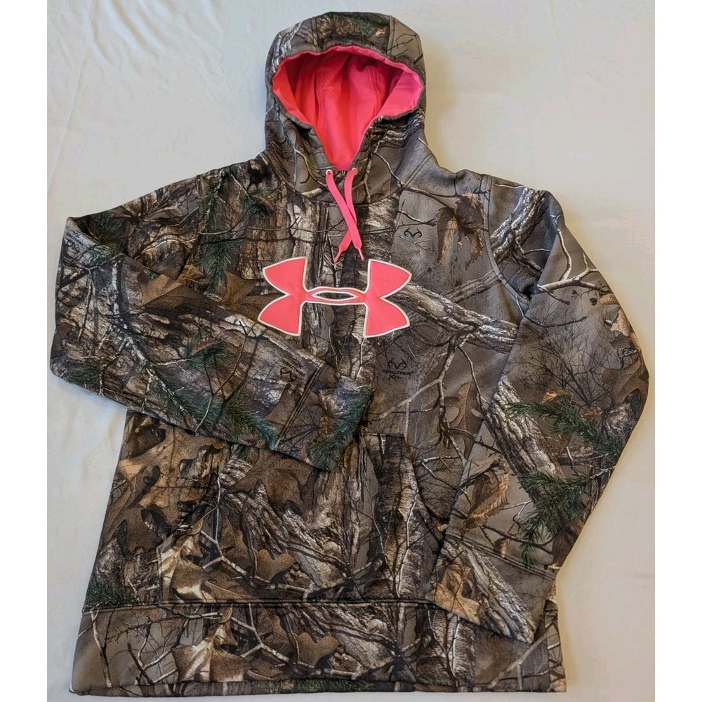 Under Armour Womens Medium Realtree Camo Fleece Hoodie Pink Logo Hunting